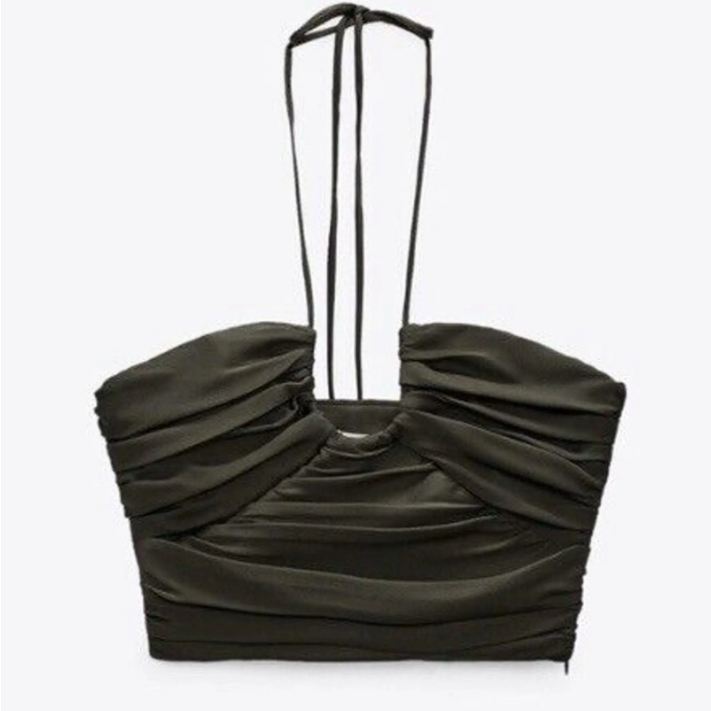 Zara Black Draped Ruched Halter Crop Silk Top